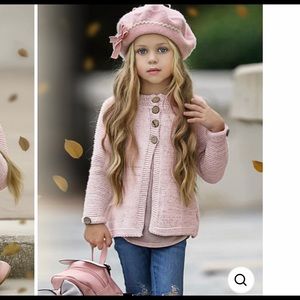Mia Belle Girls Pink Knit Wood button up Sweater Cardigan 3T